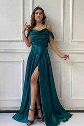 Simple Long A-line Off the Shoulder Satin Formal Prom Dresses with Slit