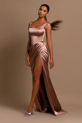 Simple Long Mermaid Satin Formal Prom Dresses with Slit