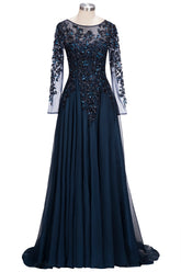 Long A-line Floor Length Tulle Lace Formal Evening Dresses with Sleeves