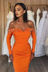 Orange Long Sleeves Mermaid Satin Beads Off the Shoulder Prom Dress