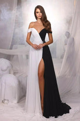 Sexy Long A-line V-Neck Off the Shoulder Chiffon Prom Dresses with Slit