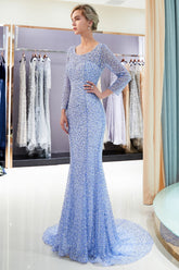 Long Sleeve Mermaid Floor Length Sequins Formal Party Dresses