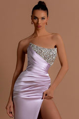 Long Mermaid Satin Strapless Split Front Prom Dress with Beads