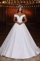Elegant White A-line V-Neck Off the Shoulder Satin Long Wedding Dresses