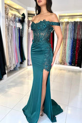 Long Mermaid Off the Shoulder Satin Appliques Lace Prom Dresses with Slit