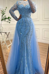 Long Mermaid Jewel Neck Tulle Appliques Floor Length Prom Dress with Sleeves