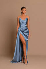 Dusty Blue Long Mermaid Sweetheart Sleeveless Prom Dress with Slit
