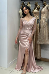 Elegant Long Sleeves V-neck Satin Lace Mermaid Evening Formal Dresses with Slit