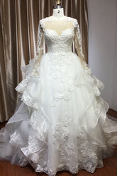 Long Tulle Lace Appliques Ruffles Ball Gown Wedding Dresses with Long Sleeve