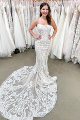 Beautiful Long Spaghetti Straps Backless Appliques Lace Floor Length Mermaid Wedding Dress