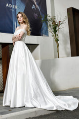 Elegant Long A-line Off the Shoulder Lace Satin Wedding Dresses