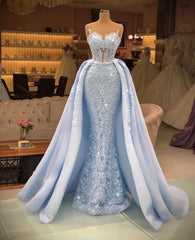 Long Mermaid Sweetheart Glitter Tulle Prom Dress with Detachable Sweep Train