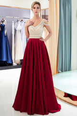 Long V-neck Satin A-line Beaded Formal Evening Dress