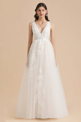 Long V-neck Lace Tulle A-line Wedding Dress