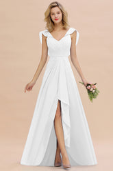 Simple High Low A-line V-Neck Ruffles Chiffon White Bridesmaid Dress