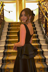 Black Long A-line Scoop Neck Sleeveless Satin Formal Prom Dresses