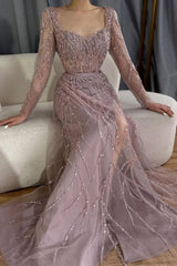 Long Sleeve Sequined Mermaid Formal Evening Dresses with Slit