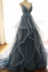 Long V-neck Spaghetti Straps Ruffles Tulle A-line Backless Prom Dress