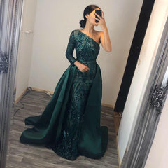 One Shoulder Long Sleeve Beading Sequins Floor Length Mermaid Formal Dress