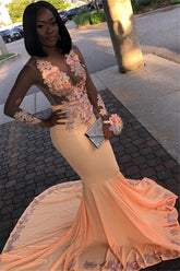 Long Mermaid Jewel Appliques Lace Satin Prom Dress with Sleeves