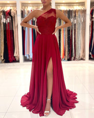 Long A-Line One Shoulder Appliques Lace Ruffles Chiffon Prom Dress With Slit