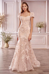 Long Mermaid Sweetheart Backless Appliques Lace Prom Dress with Short Sleeve