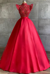 Long Bateau Floor Length Beading Satin Ruffles Prom Dress
