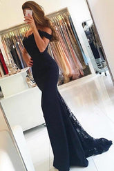 Long Off the Shoulder Backless Appliques Lace Floor Length Mermaid Prom Dress