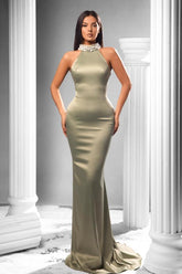 Elegant Long Mermaid Halter Satin Formal Prom Dresses
