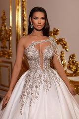 Long Ball Gown One Shoulder Satin Beading Wedding Dresses with Sleeves