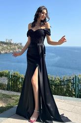 Long Mermaid Off The Shoulder Satin Black Prom Dress with Slit