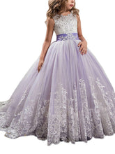 Long Ball Gown Tulle Lace Jewel Neck Pageant Flower Girl Dresses With Bow(S)