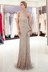 Long Halter Tulle Beading Mermaid Formal Evening Dresses