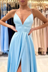 Chic Long A-line V-neck Sleeveless Satin Prom Dress with Slit