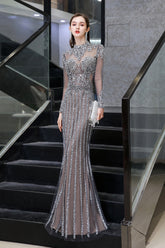 Long Sleeve Mermaid Sequins High-Neck Evening Dress