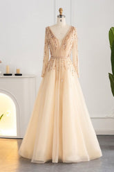 Long A-line V-neck Sequins Beading Tulle Formal Prom Dresses with Sleeves