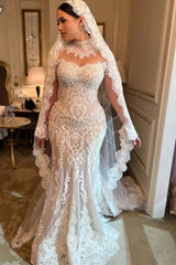 Elegant Plus Size High Neck Long Sleeve White Floor Length Mermaid Lace Wedding Dress