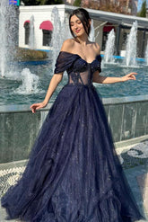 Glitter Long A-line Off the Shoulder Sweetheart Formal Prom Dresses
