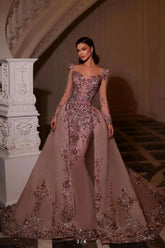 Long Sleeve Mermaid Tulle Beads Appliques Lace Prom Dress with Detachable Train