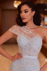 Mermaid Tulle Long One shoulder Floor Length Prom Dress with Split Front