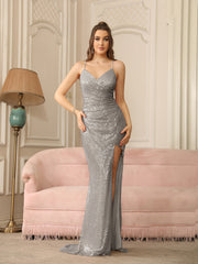 Sexy Glitter Long Mermaid V-Neck Sequin Backless Prom Dresses with Slit