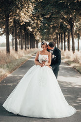Gorgeous Long Ball Gown Organza Spaghetti Straps Open Back Wedding Dress with Lace