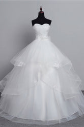 White Long Ball Gown Tulle Layered Strapless Vintage Wedding Dress