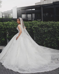 Gorgeous Long Ball Gown V-neck Tulle Lace Appliques Wedding Dresses