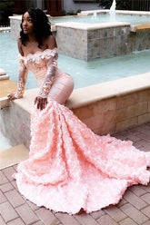 Long Sleeves Off the Shoulder Appliques Lace Mermaid Prom Dress