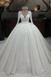 Gorgeous Long Ball Gown V-neck Glitter Sequins Wedding Dresses with Sleeves