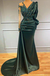 V-neck Long Sleeve Appliques Lace Floor Length Ruffles Mermaid Formal Evening Dress