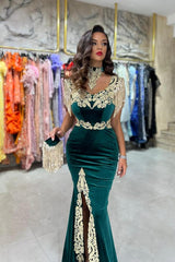 Sexy Long Mermaid Halter Front Slit Gold Appliques Velvet Formal Dress with with Tassels