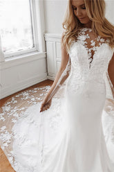 Elegant Long Tulle Lace Appliques White Mermaid Wedding Dresses
