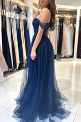 Elegant Long A-line Off the Shoulder Tulle Formal Prom Dresses